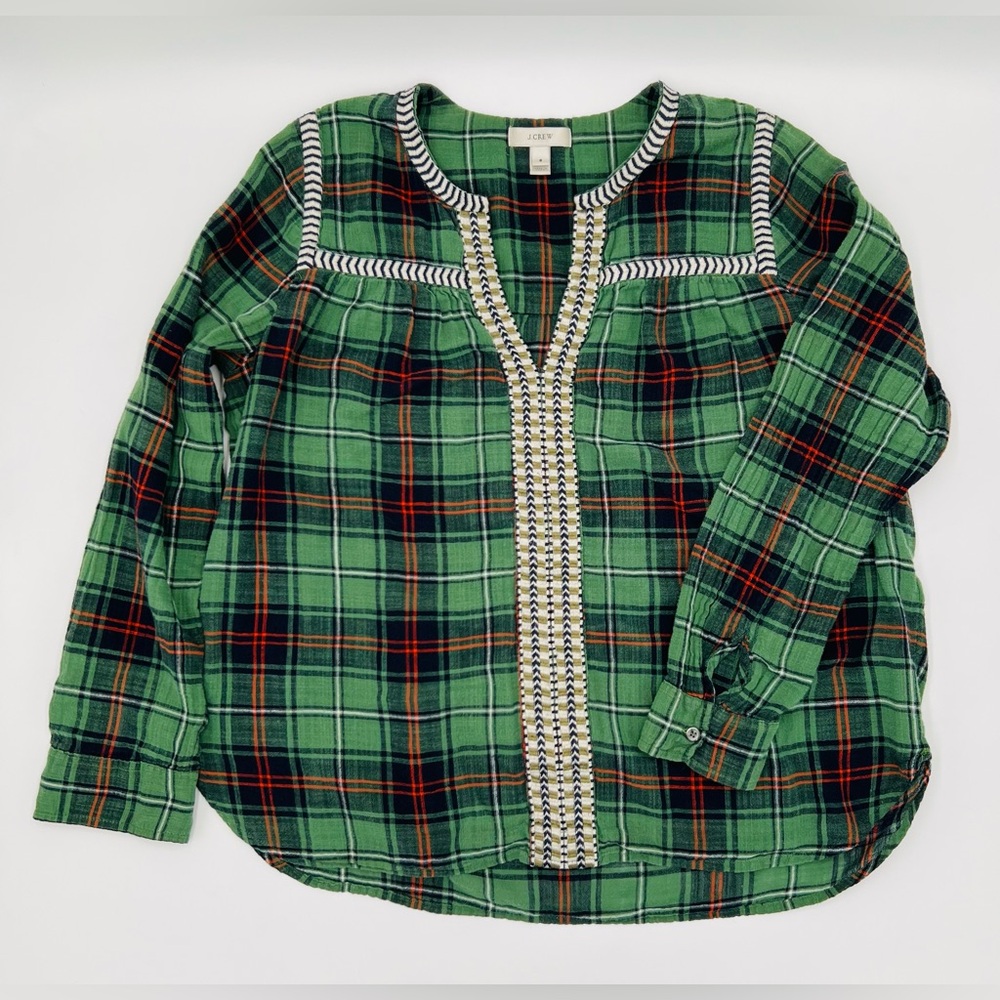 J. Crew long sleeved plaid v-neck peasant blouse with embroidered placket
